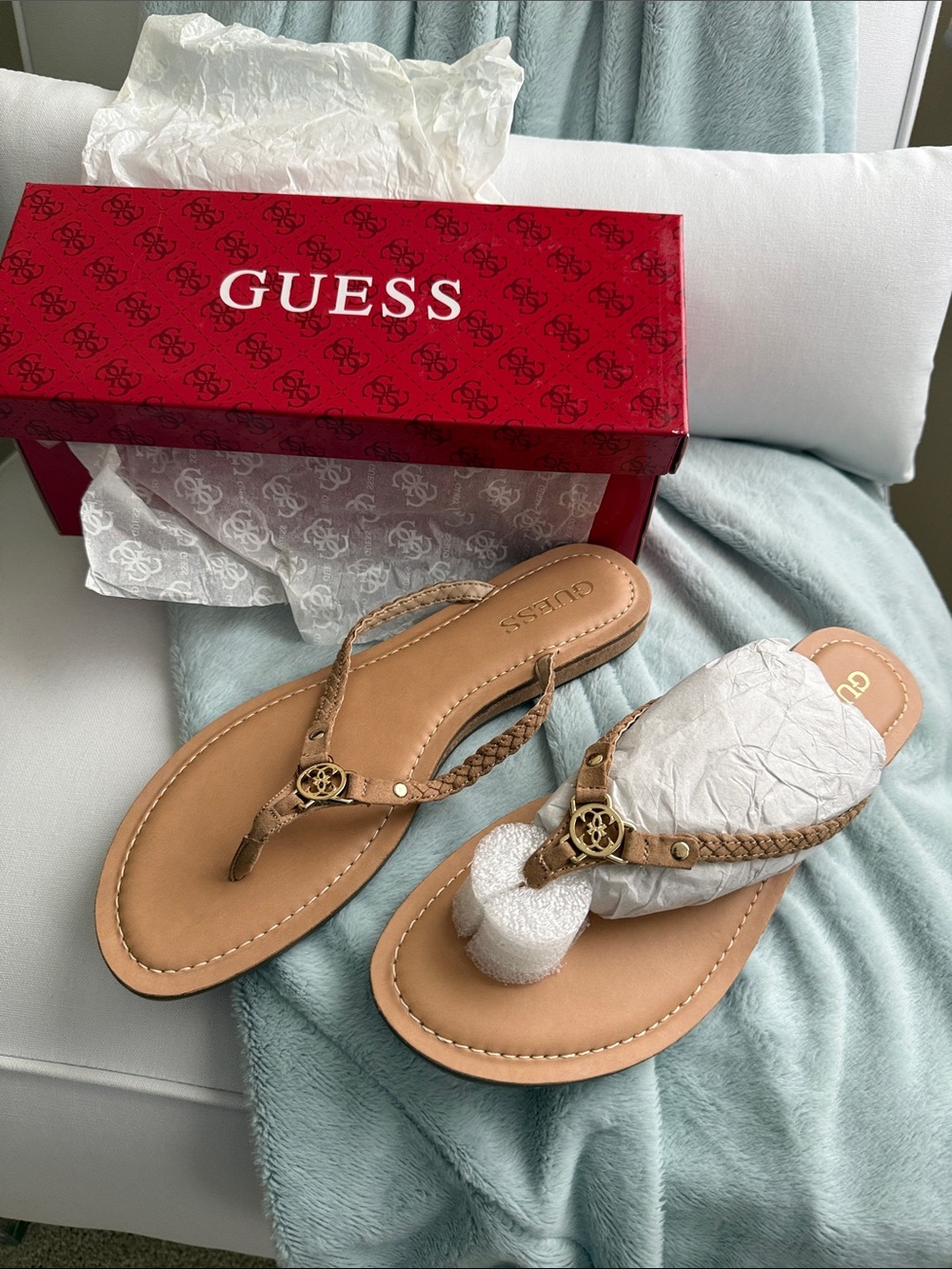 GUESS Tan Braided Thong Sandals with Gold Logo Accent
